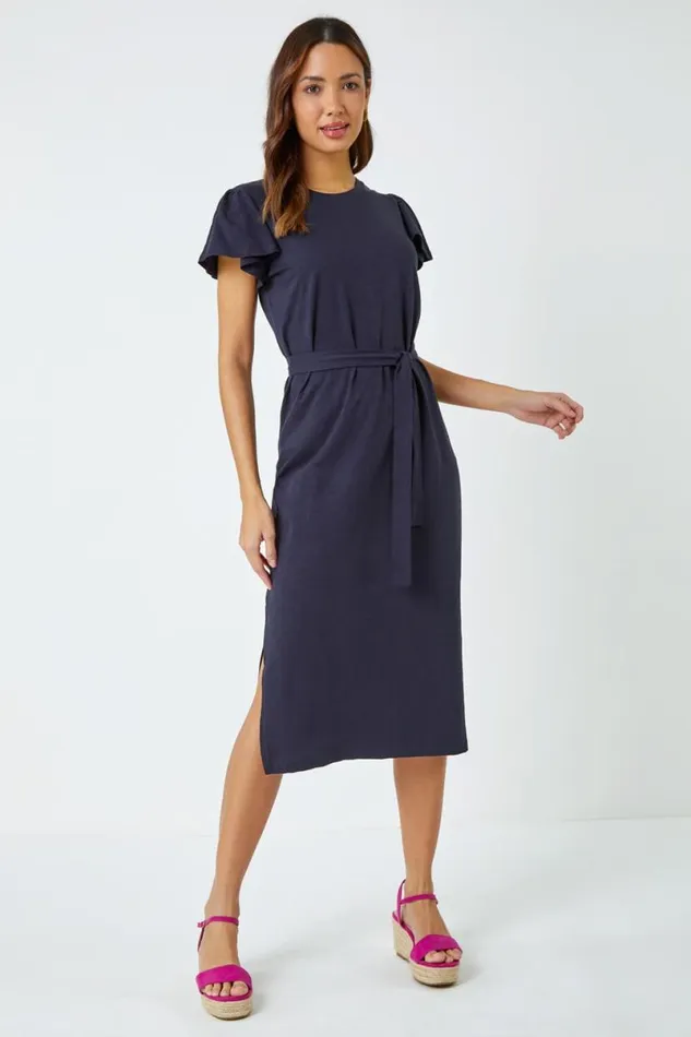 Navy Ruffle Sleeve Belted Cotton Midi Dress Women Roman Dresses