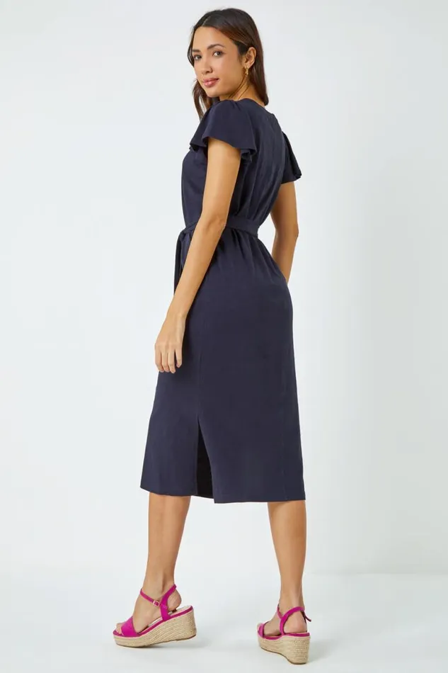 Navy Ruffle Sleeve Belted Cotton Midi Dress Women Roman Dresses