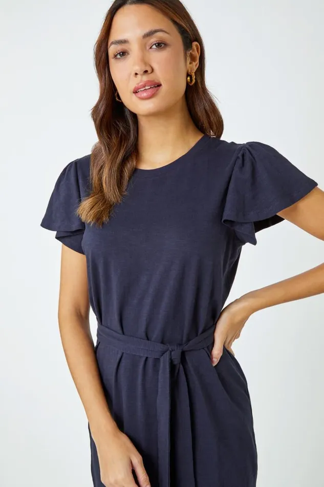 Navy Ruffle Sleeve Belted Cotton Midi Dress Women Roman Dresses