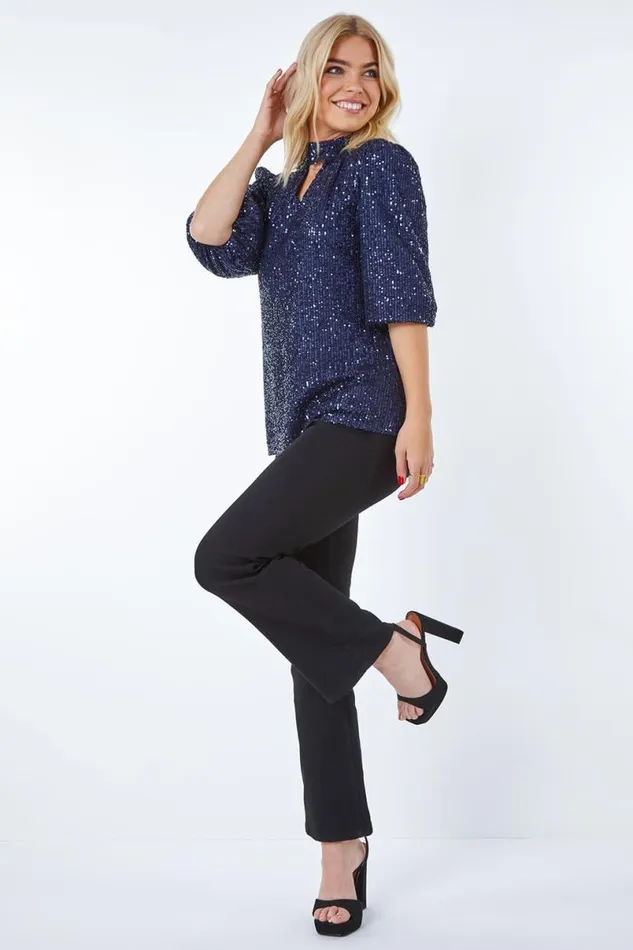 Navy Sequin Keyhole Neck Top Women Roman Tops