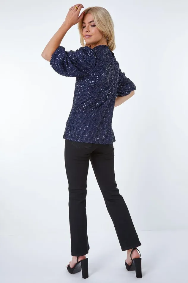 Navy Sequin Keyhole Neck Top Women Roman Tops