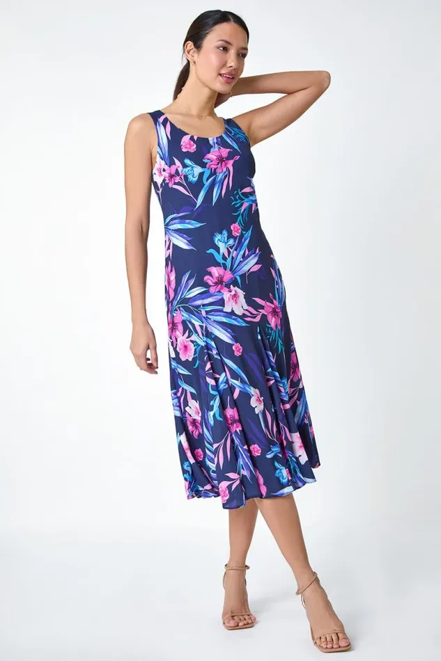 Navy Sleeveless Tropical Print Bias Midi Dress Women Roman Dresses