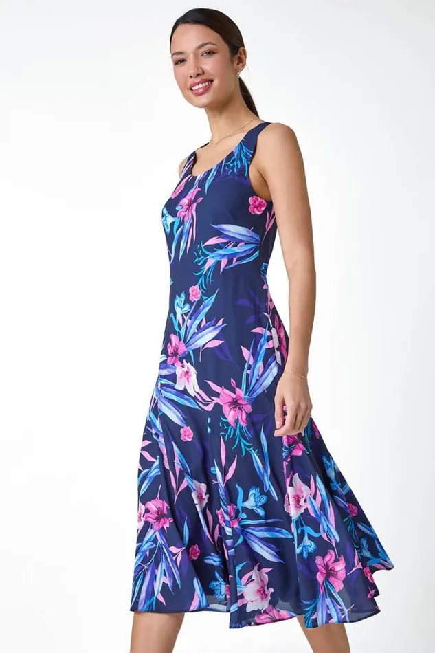 Navy Sleeveless Tropical Print Bias Midi Dress Women Roman Dresses