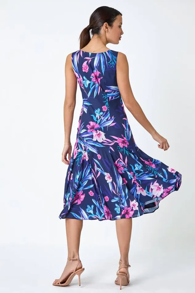 Navy Sleeveless Tropical Print Bias Midi Dress Women Roman Dresses
