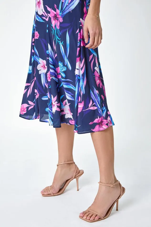 Navy Sleeveless Tropical Print Bias Midi Dress Women Roman Dresses