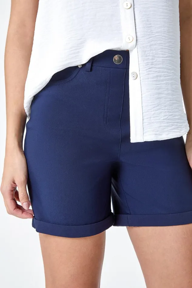 Navy Stretch Elastic Waist Turn Up Shorts Women Roman Coords