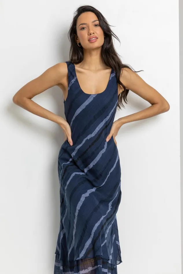 Navy Stripe Print Layered Swing Dress Women Roman Dresses
