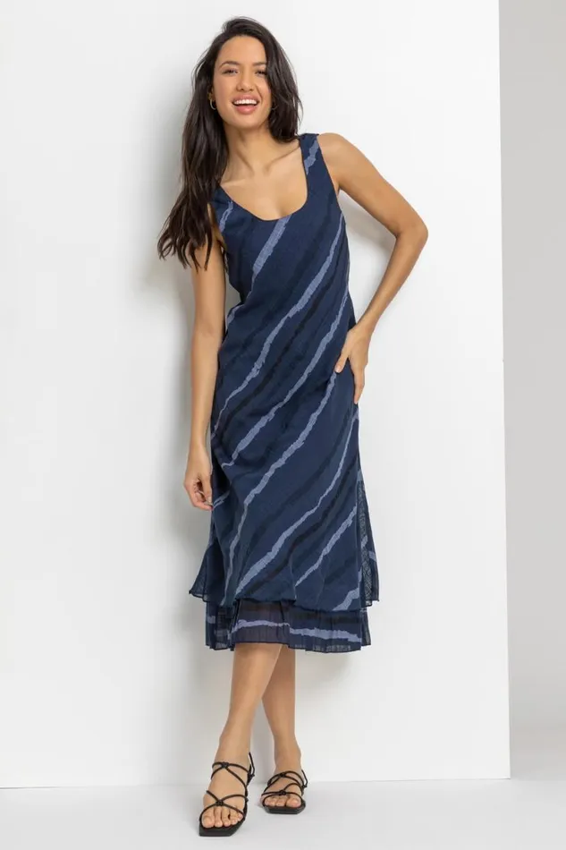 Navy Stripe Print Layered Swing Dress Women Roman Dresses
