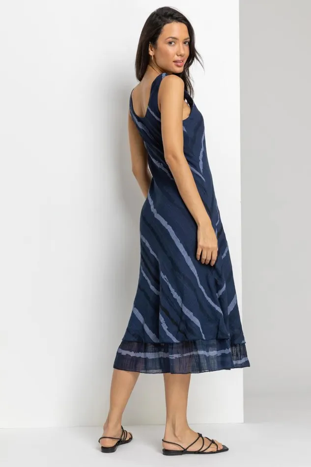 Navy Stripe Print Layered Swing Dress Women Roman Dresses
