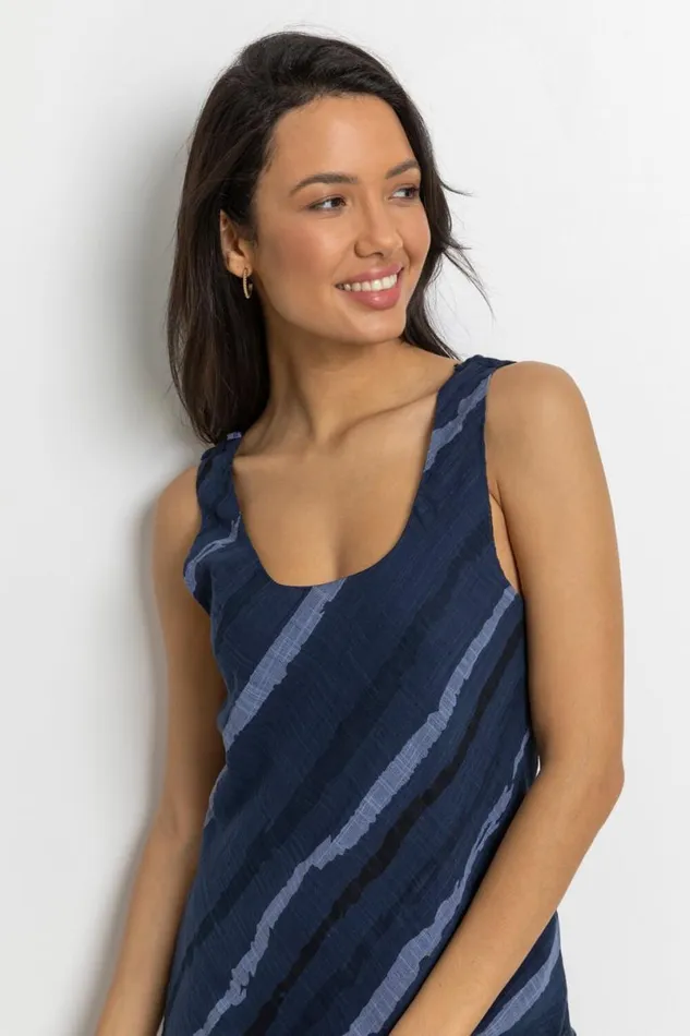 Navy Stripe Print Layered Swing Dress Women Roman Dresses