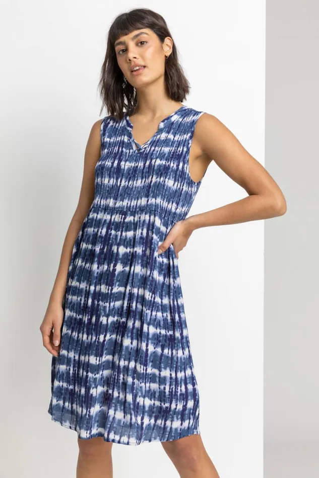 Navy Tie Dye Print Crinkle Swing Dress Women Roman Dresses