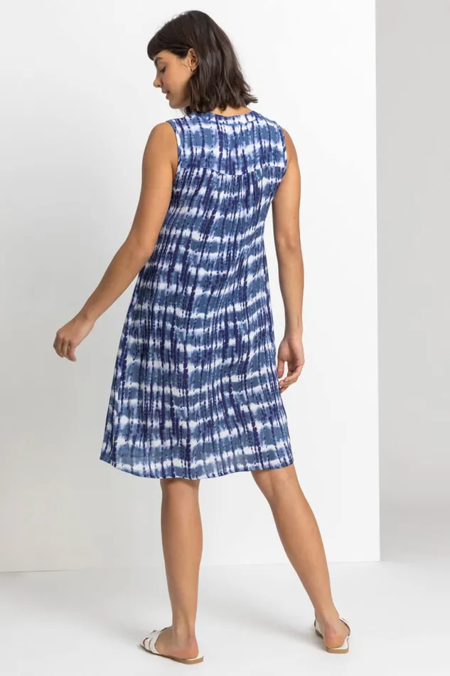 Navy Tie Dye Print Crinkle Swing Dress Women Roman Dresses