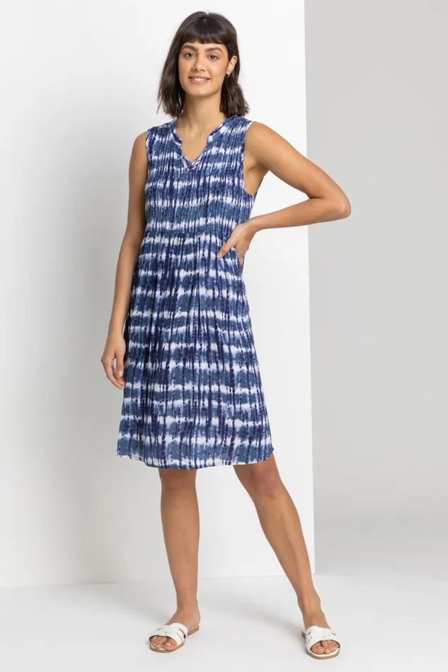 Navy Tie Dye Print Crinkle Swing Dress Women Roman Dresses