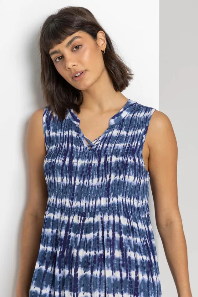 Navy Tie Dye Print Crinkle Swing Dress Women Roman Dresses