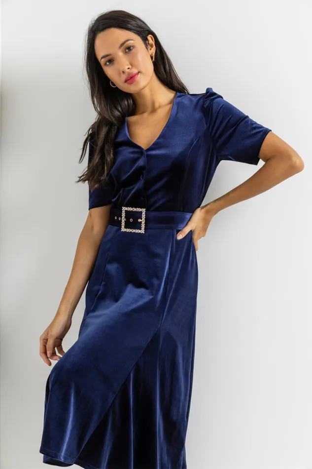 Navy Velvet Buckled Belt Midi Dress Women Roman Dresses
