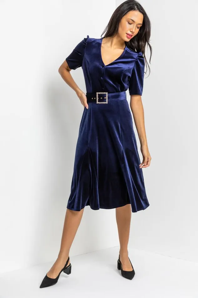 Navy Velvet Buckled Belt Midi Dress Women Roman Dresses