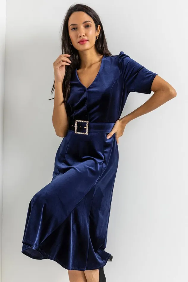 Navy Velvet Buckled Belt Midi Dress Women Roman Dresses