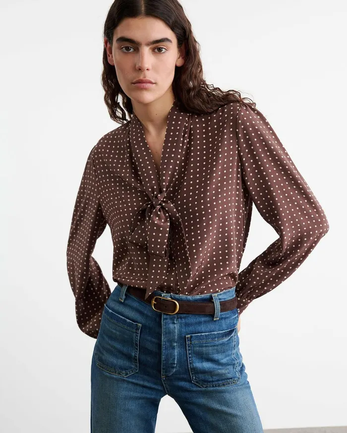 Nili Lotan CARINA SILK BLOUSE Brownivory Dot Women Tops