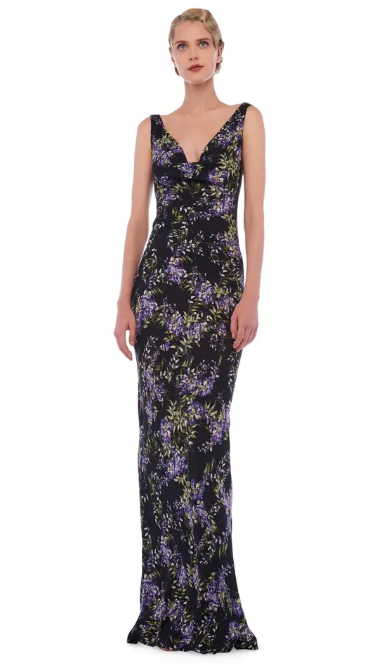 Norma Kamali Dresses DEEP DRAPE NECK GOWN Lavender Floral 8211 Clothing