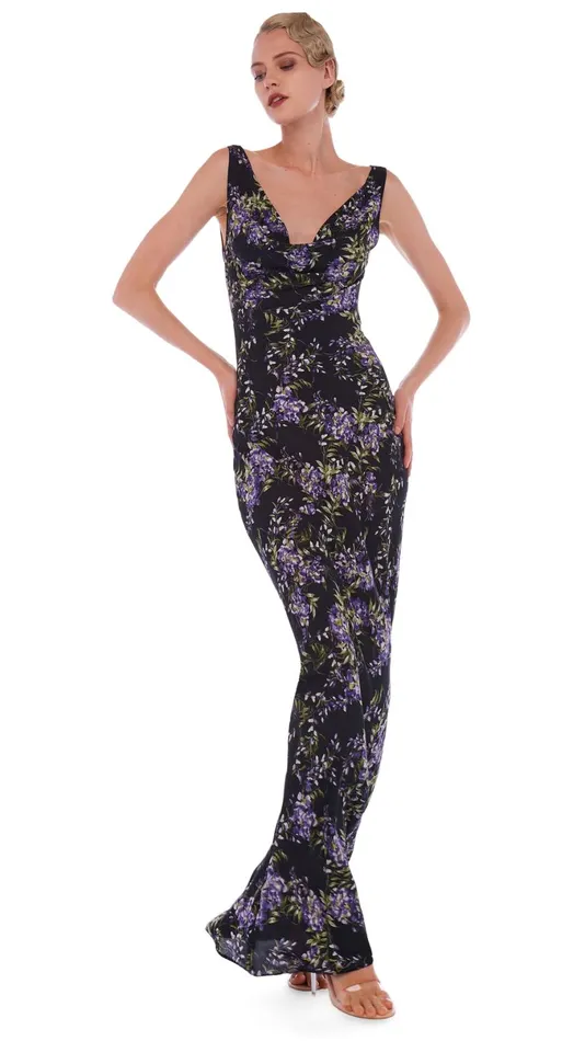 Norma Kamali Dresses DEEP DRAPE NECK GOWN Lavender Floral 8211 Clothing