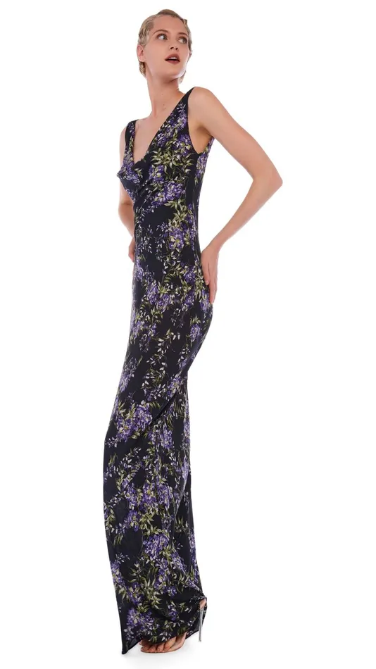 Norma Kamali Dresses DEEP DRAPE NECK GOWN Lavender Floral 8211 Clothing