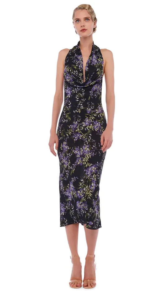 Norma Kamali Dresses HALTER DRAPE DRESS TO MIDCALF Lavender Floral 8211 Clothing