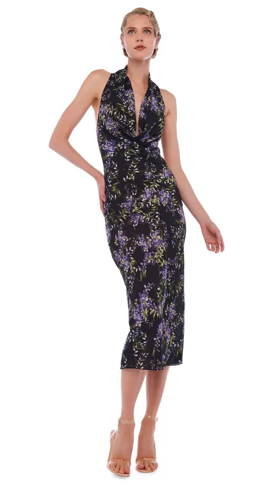 Norma Kamali Dresses HALTER DRAPE DRESS TO MIDCALF Lavender Floral 8211 Clothing Norma Kamali Dresses HALTER DRAPE DRESS TO MIDCALF Lavender Floral 8211 Clothing