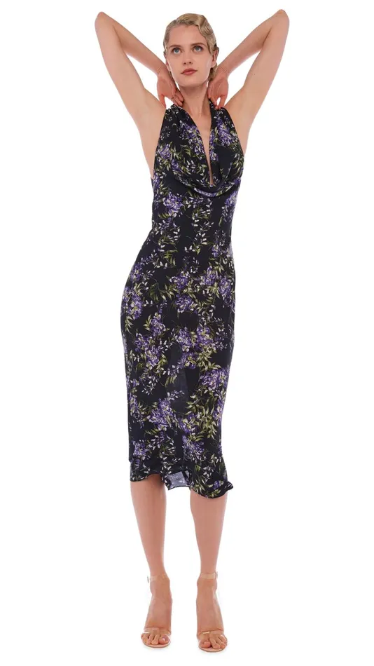 Norma Kamali Dresses HALTER DRAPE DRESS TO MIDCALF Lavender Floral 8211 Clothing Norma Kamali Dresses HALTER DRAPE DRESS TO MIDCALF Lavender Floral 8211 Clothing