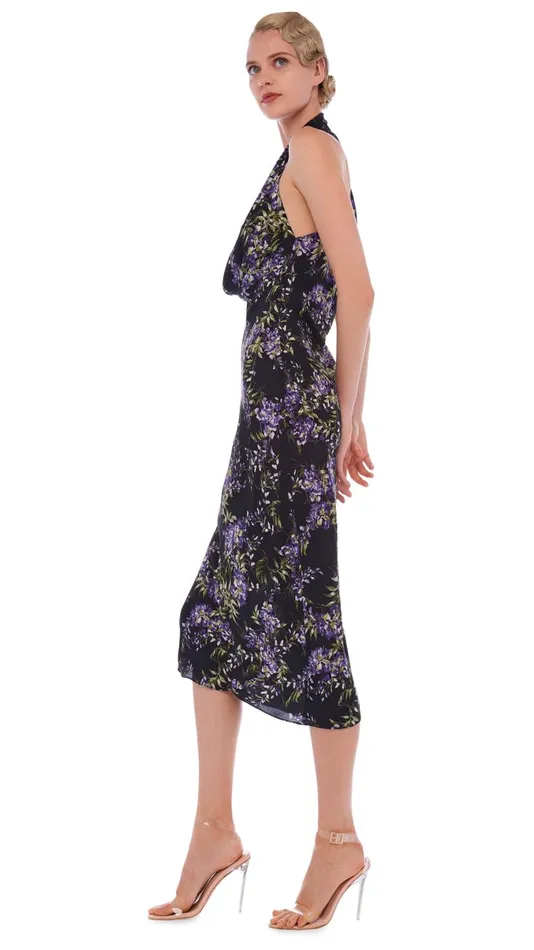 Norma Kamali Dresses HALTER DRAPE DRESS TO MIDCALF Lavender Floral 8211 Clothing Norma Kamali Dresses HALTER DRAPE DRESS TO MIDCALF Lavender Floral 8211 Clothing