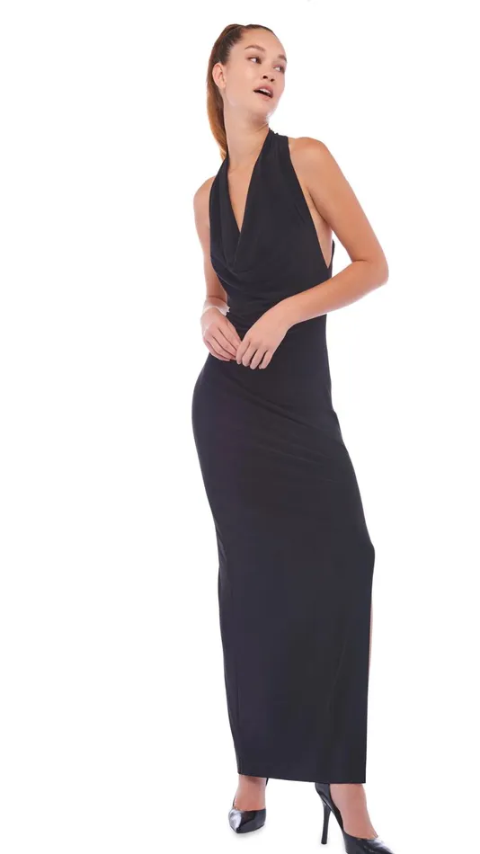 Norma Kamali Dresses HALTER NEETA SIDE SLIT GOWN Black 8211 Clothing