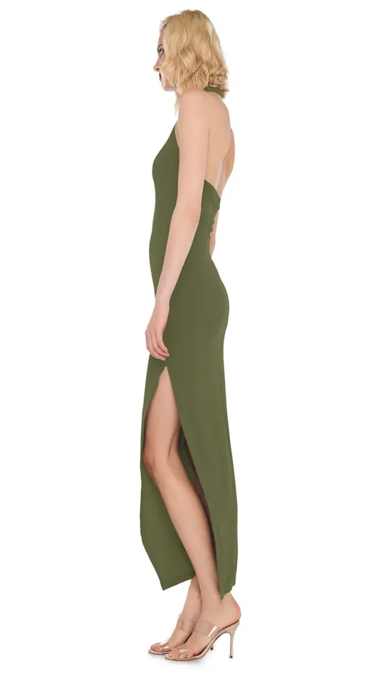 Norma Kamali Dresses HALTER TURTLE SIDE SLIT GOWN Military 8211 Clothing