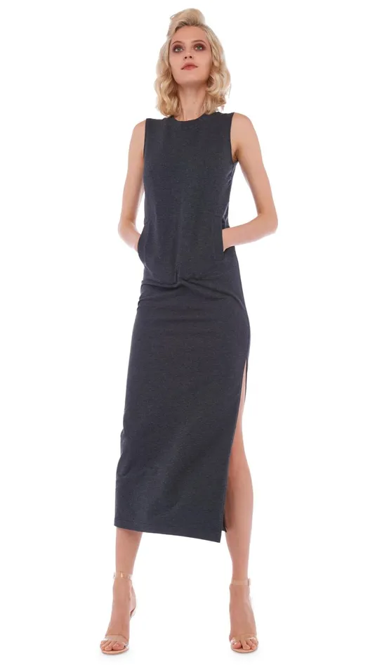 Norma Kamali Dresses SLEEVELESS SIDE SLIT GOWN Dark Heather Grey 8211 Clothing Norma Kamali Dresses SLEEVELESS SIDE SLIT GOWN Dark Heather Grey 8211 Clothing