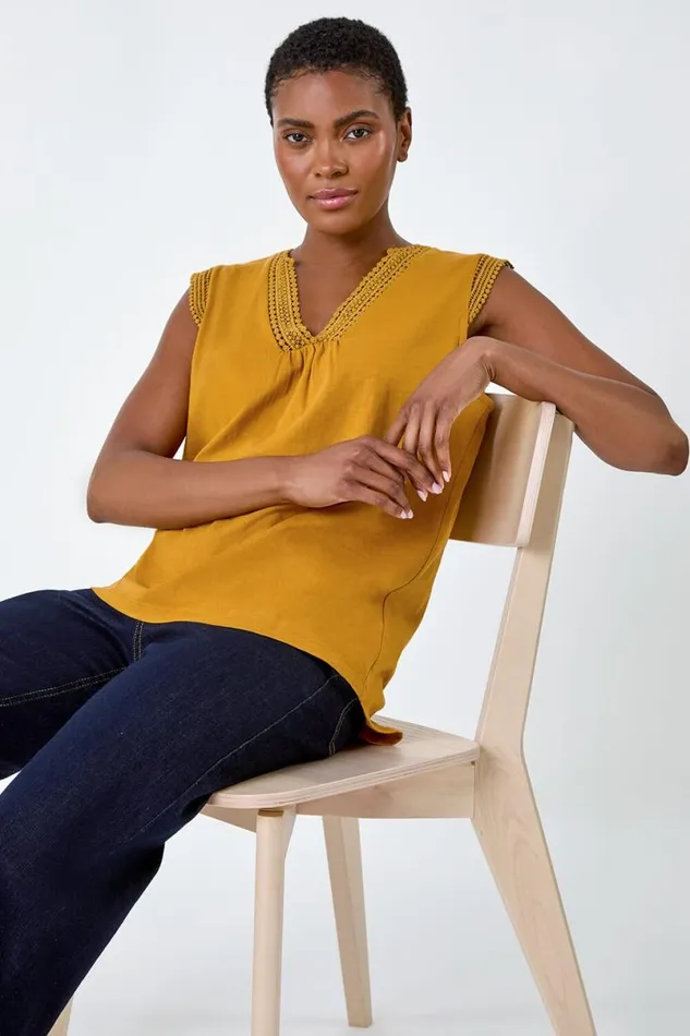 Ochre Sleeveless VNeck Lace Trim Cotton Top Women Roman Tops