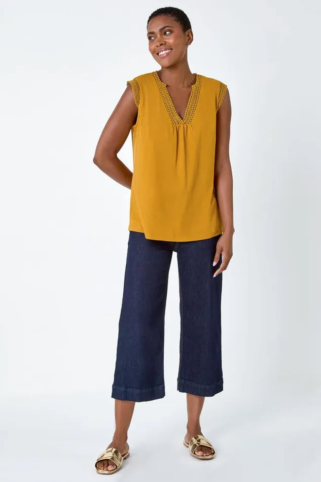 Ochre Sleeveless VNeck Lace Trim Cotton Top Women Roman Tops