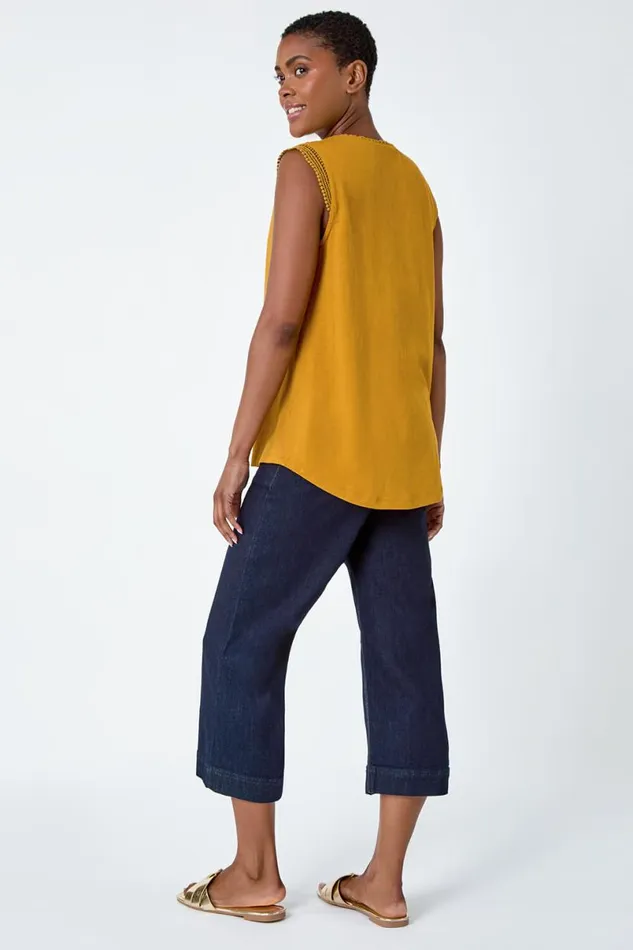 Ochre Sleeveless VNeck Lace Trim Cotton Top Women Roman Tops