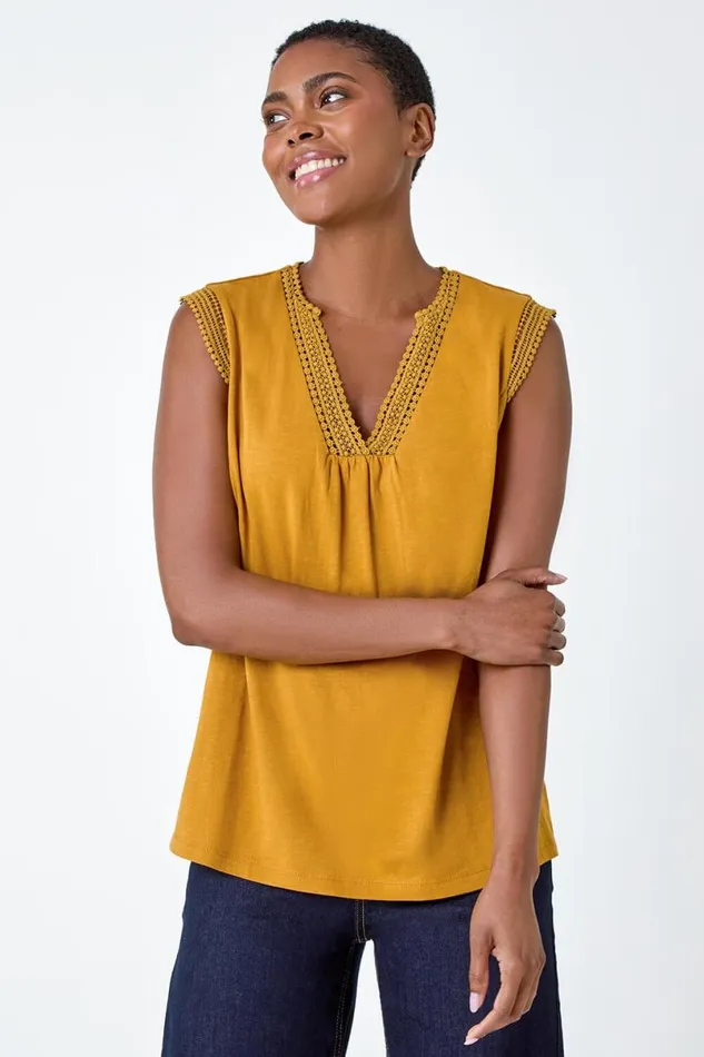 Ochre Sleeveless VNeck Lace Trim Cotton Top Women Roman Tops