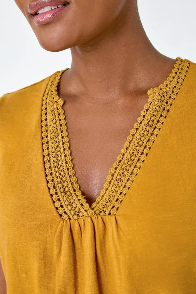 Ochre Sleeveless VNeck Lace Trim Cotton Top Women Roman Tops