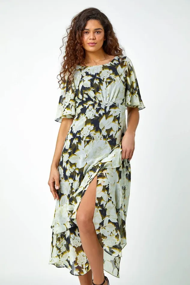 Olive Floral Print Chiffon Tiered Midi Dress Women Roman Dresses
