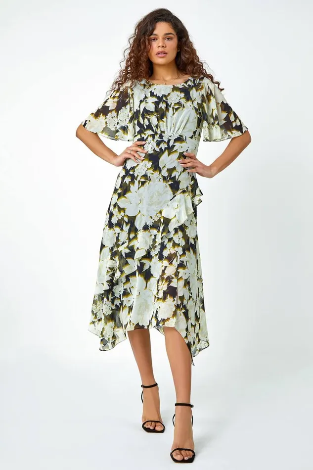 Olive Floral Print Chiffon Tiered Midi Dress Women Roman Dresses