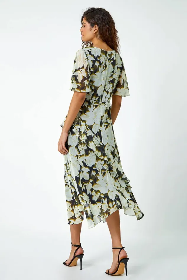 Olive Floral Print Chiffon Tiered Midi Dress Women Roman Dresses