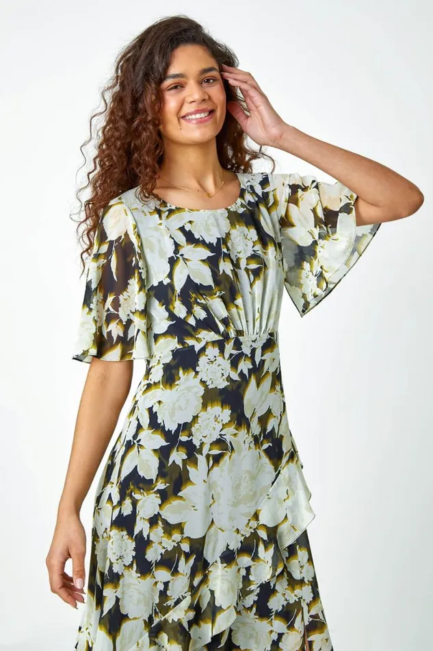 Olive Floral Print Chiffon Tiered Midi Dress Women Roman Dresses