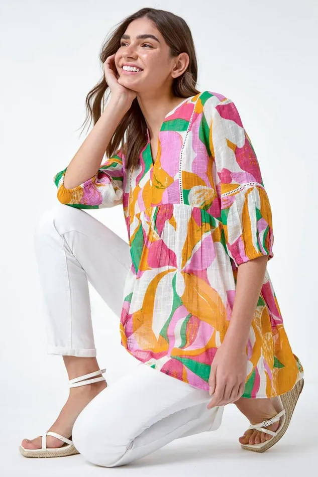 Orange Abstract Ladder Lace Cotton VNeck Smock Top Women Roman Tops