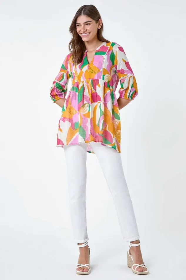 Orange Abstract Ladder Lace Cotton VNeck Smock Top Women Roman Tops