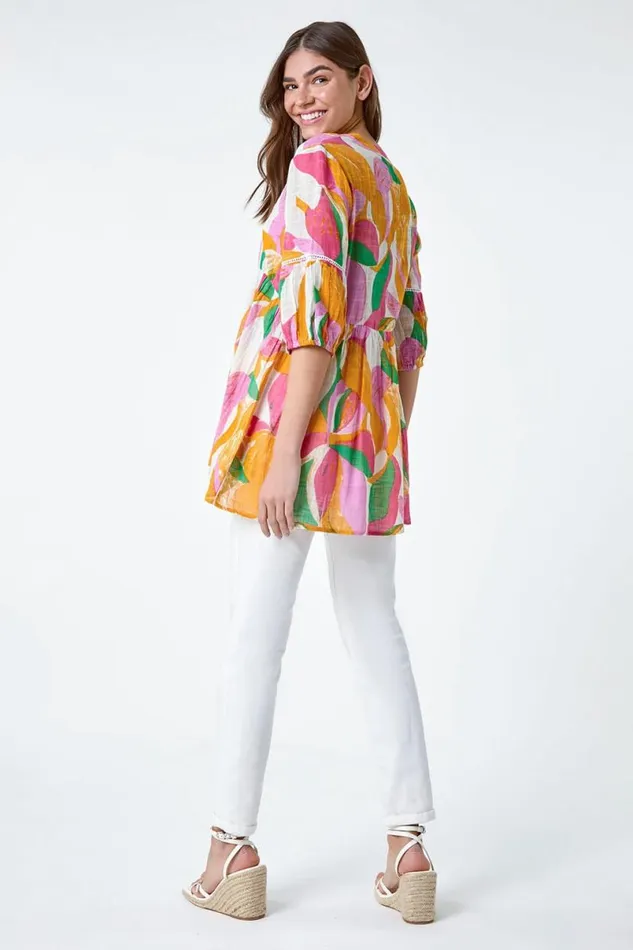 Orange Abstract Ladder Lace Cotton VNeck Smock Top Women Roman Tops