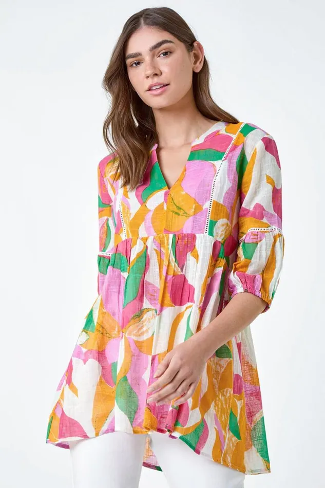Orange Abstract Ladder Lace Cotton VNeck Smock Top Women Roman Tops