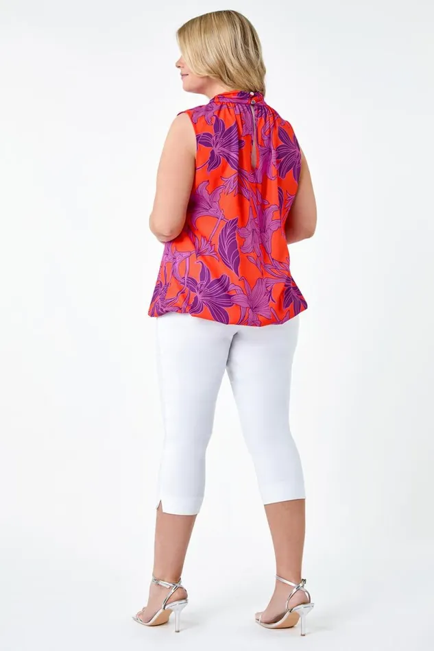 Orange Curve Floral Bubble Hem Keyhole Top Women Roman Tops