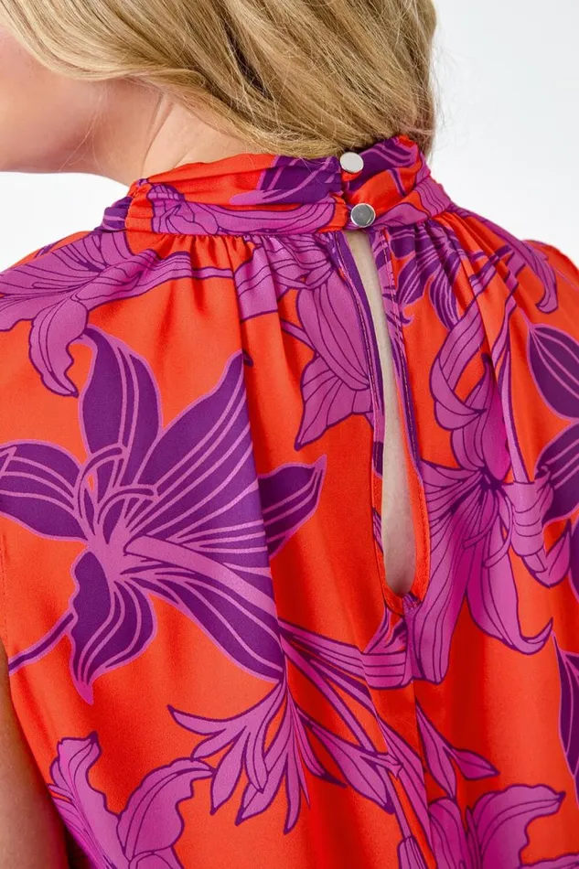 Orange Curve Floral Bubble Hem Keyhole Top Women Roman Tops