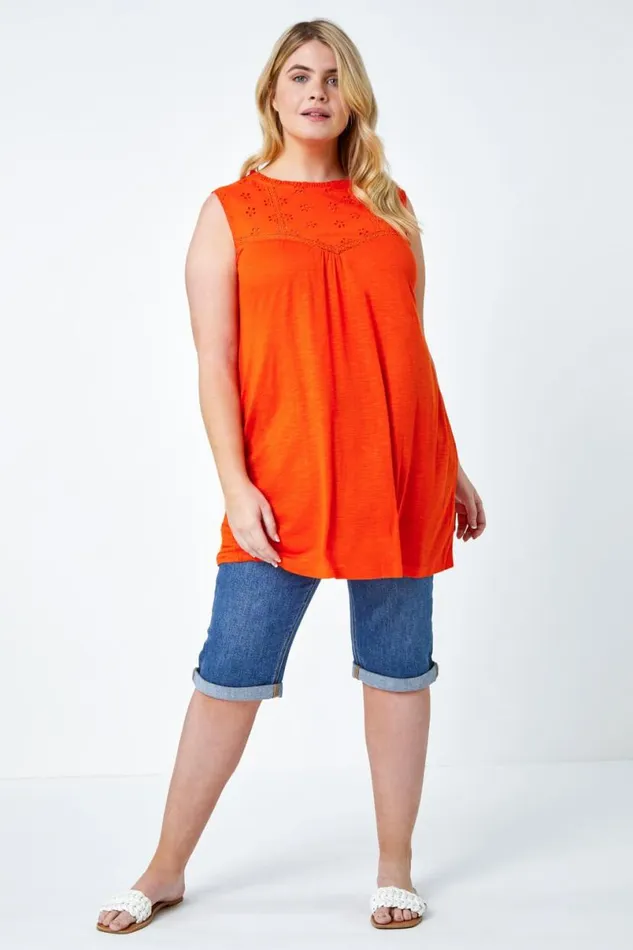 Orange Curve Sleeveless Longline Broderie Top Women Roman Tops