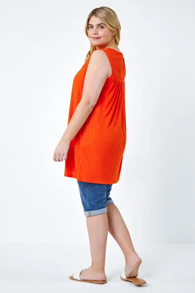 Orange Curve Sleeveless Longline Broderie Top Women Roman Tops