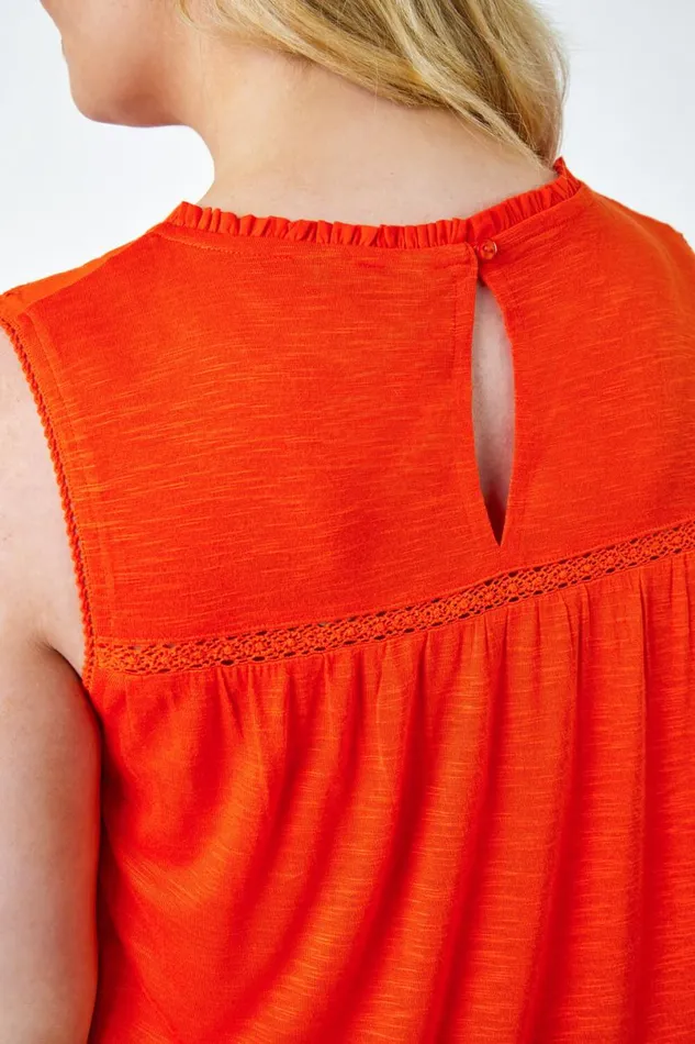 Orange Curve Sleeveless Longline Broderie Top Women Roman Tops